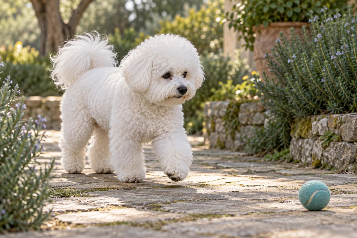 A white Bichon Frise walking along a garden path towards a soft blue ball