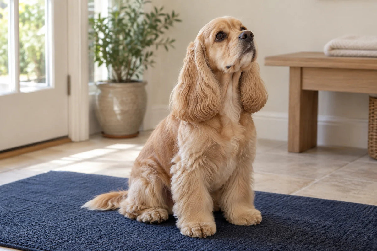 A buff American Cocker Spaniel sitting on a navy mat in soft window light