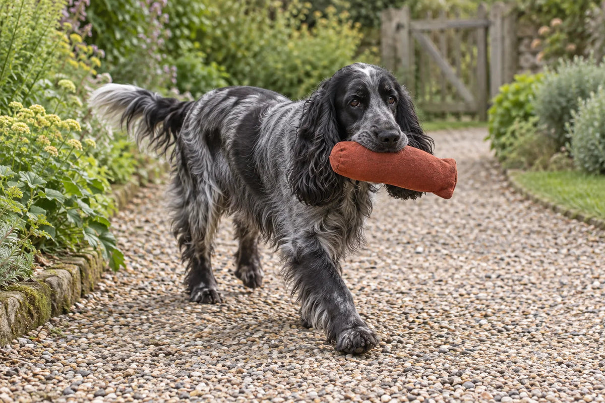 A blue-roan English Cocker Spaniel carrying a soft fabric toy along a garden path