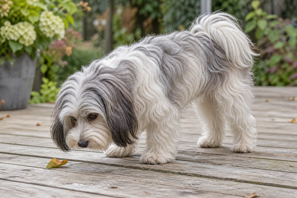 A silver-and-white Havanese sniffing a fallen leaf on a wooden garden deck