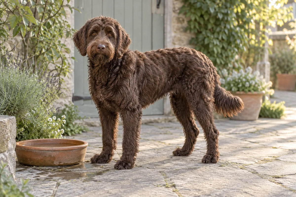 A chocolate Labradoodle standing beside a water bowl on a sunlit stone patio