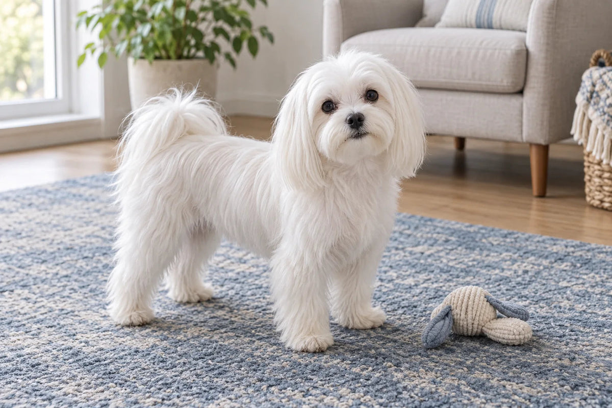 A white Maltese with a silky pet trim playing beside a cloth rabbit on a blue carpet