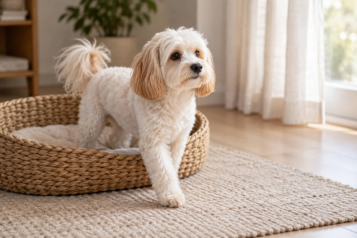 A cream Maltipoo with apricot ears stepping from a woven bed onto a rug