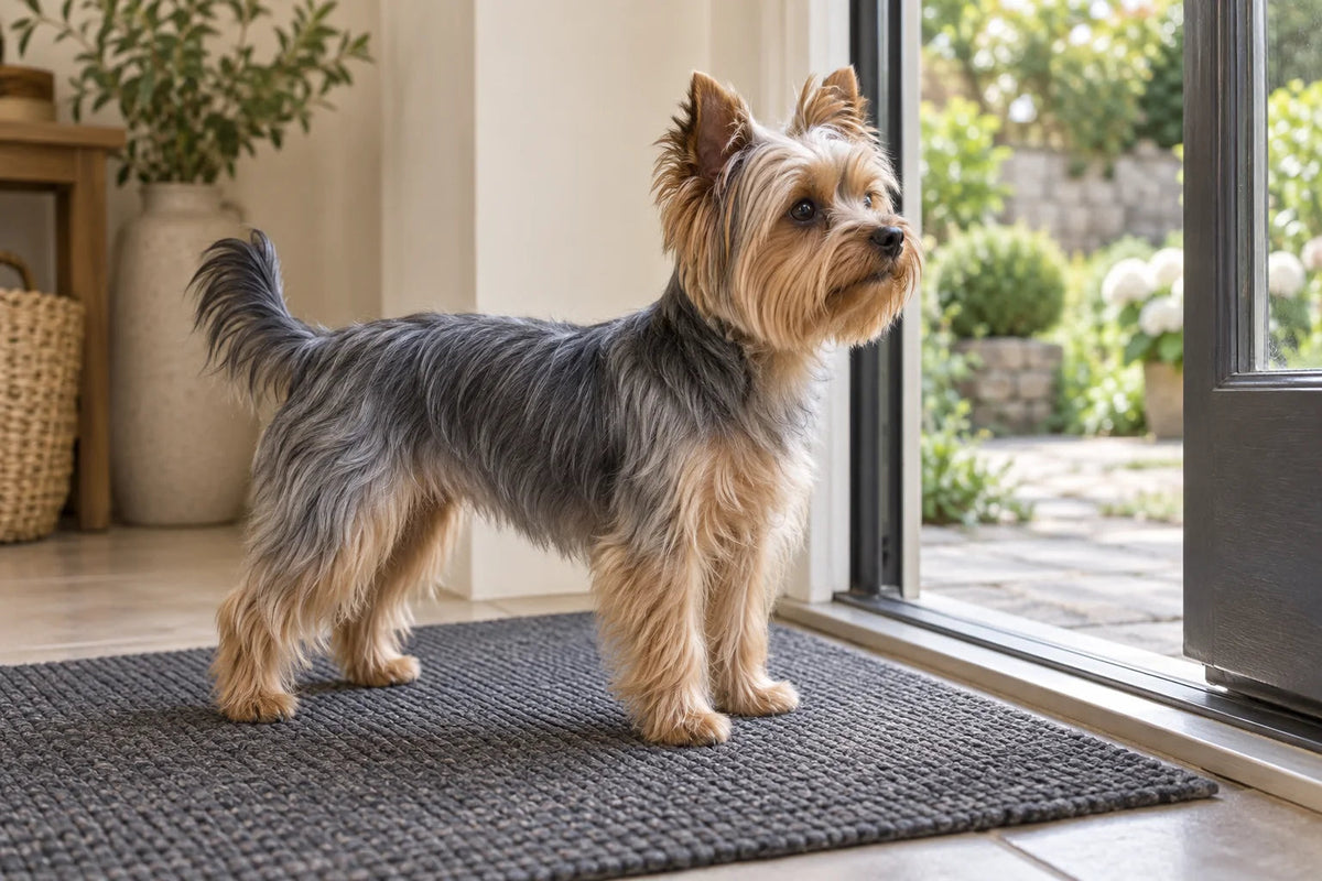 A steel-blue-and-tan Yorkshire Terrier in a neat pet trim standing on a garden entrance mat