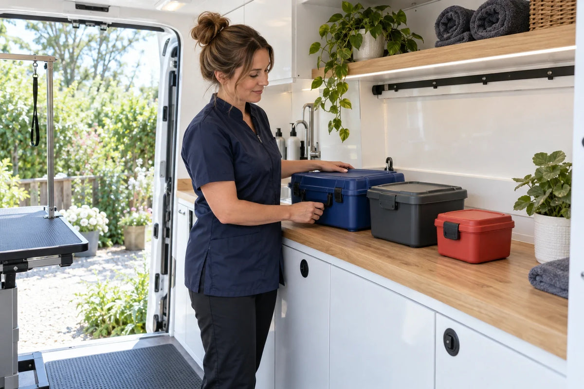 Groomer organising separate covered clean, used and quarantine containers in a compact mobile salon