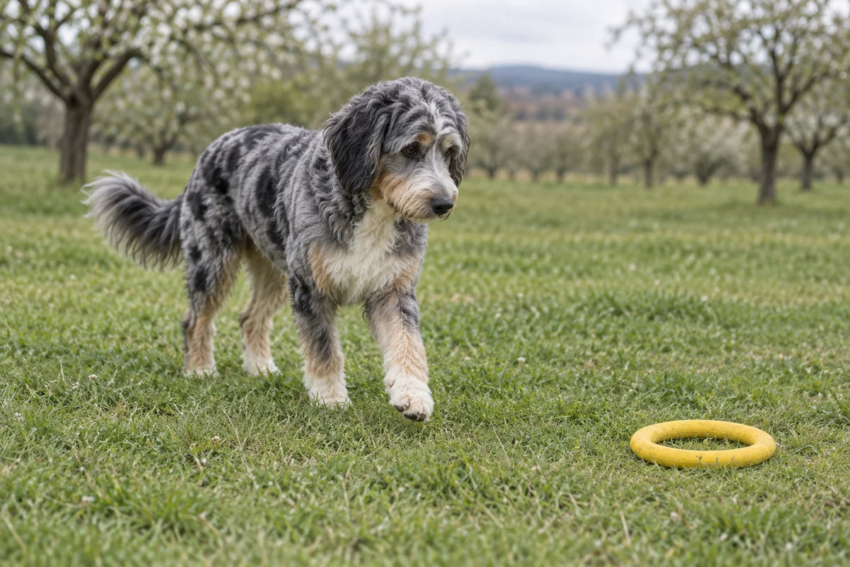 A blue-merle Aussiedoodle walking towards a yellow ring toy on an orchard lawn