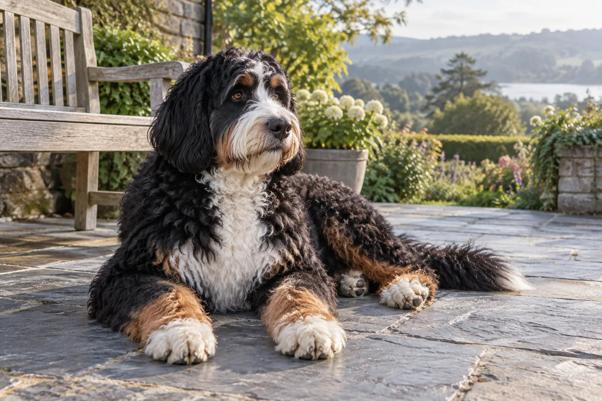 A tricolour Bernedoodle relaxing on a slate patio beside a wooden bench