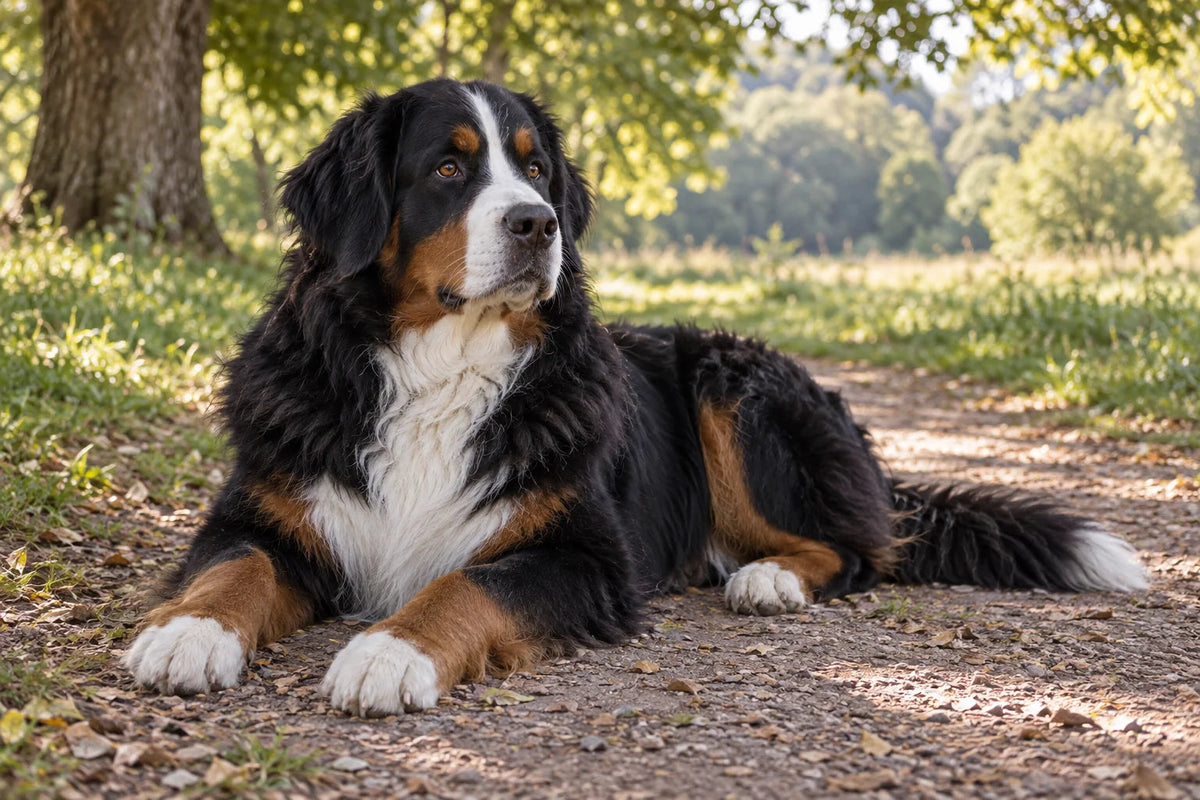 A black rust and white Bernese Mountain Dog resting on a shaded park path