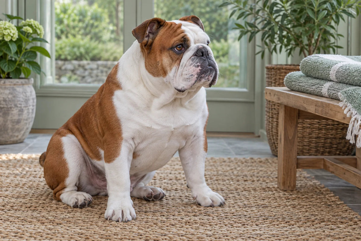 A red and white Bulldog sitting on a woven rug beside folded towels