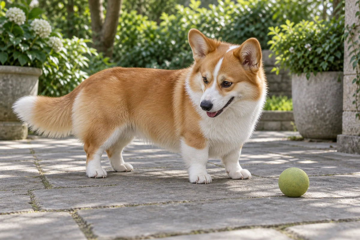A red and white Pembroke Welsh Corgi standing beside a ball on a courtyard