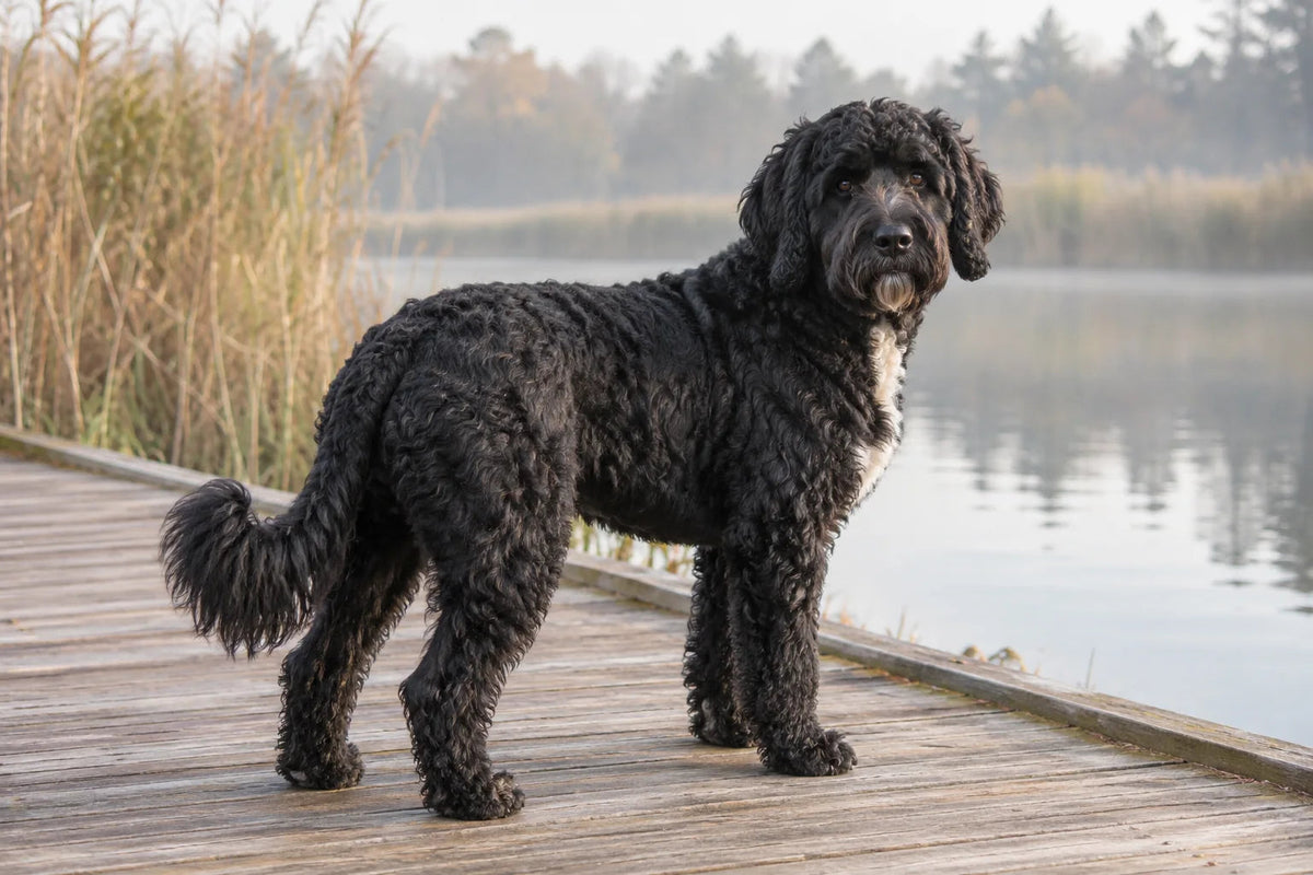 A black Portuguese Water Dog with a white chest patch standing on a boardwalk beside a pond
