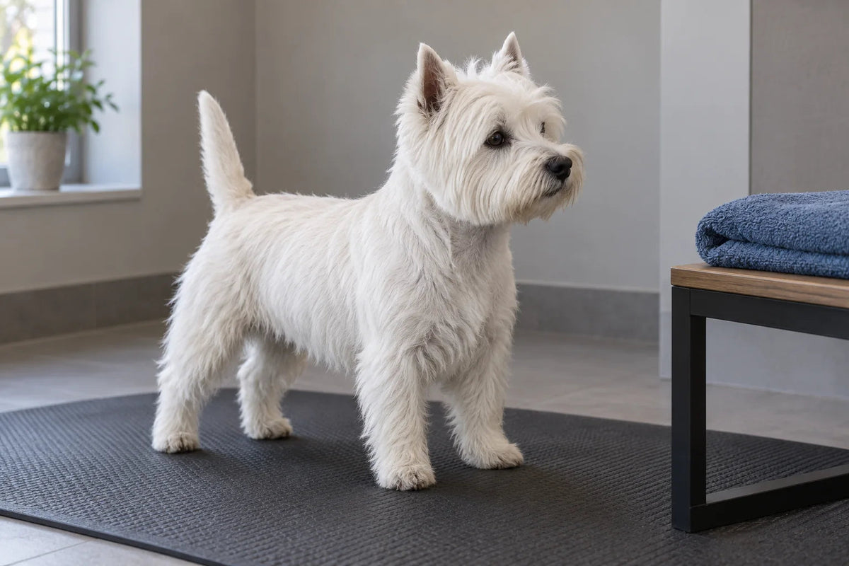 A white West Highland White Terrier standing on a dark grooming mat beside blue towels