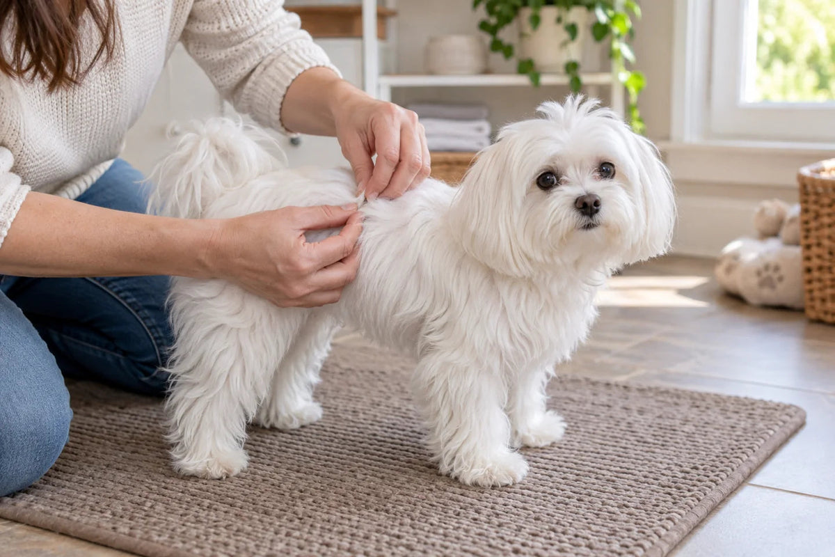 White Maltese standing comfortably while an adult checks its shoulder coat