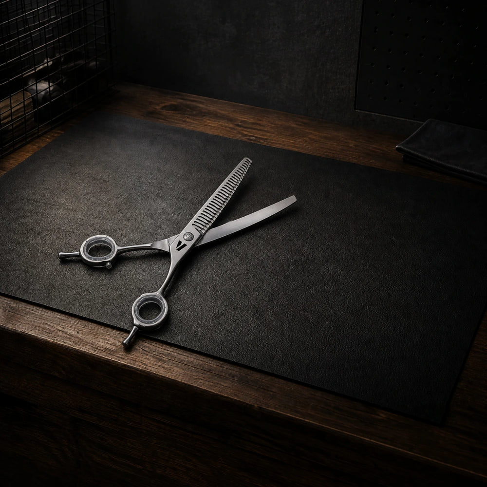 7.5" Precision Curved Chunkers Dog Grooming Scissors (CR9) photographed on the VUNRO professional workbench